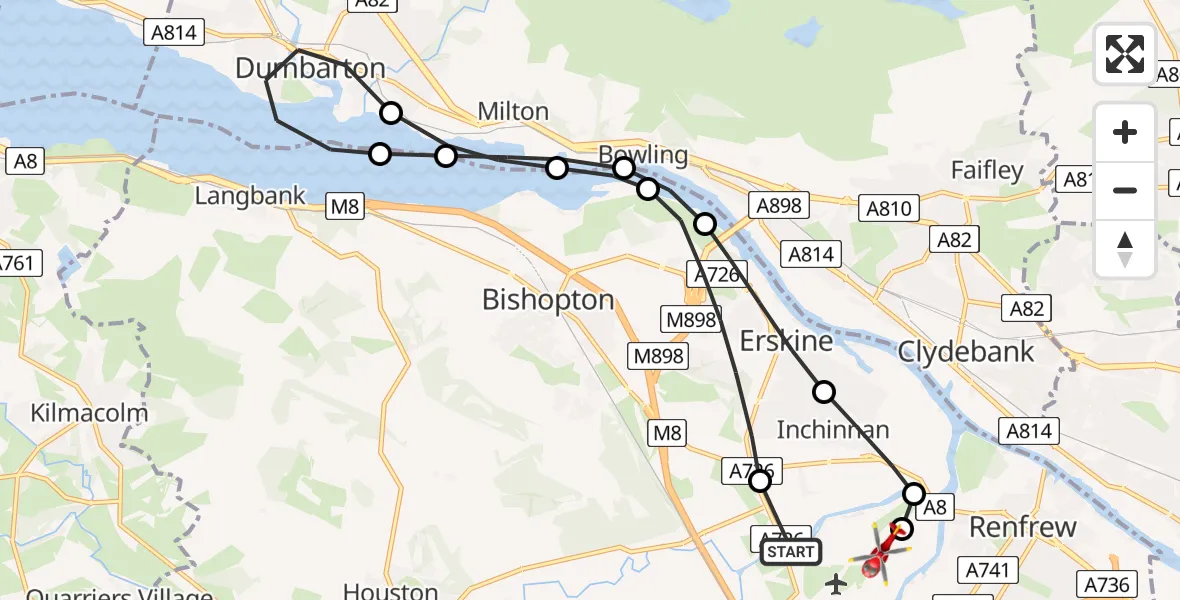 Flight path map showing Air Ambulance Helicopter route from Glasgow Airport to Glasgow Airport