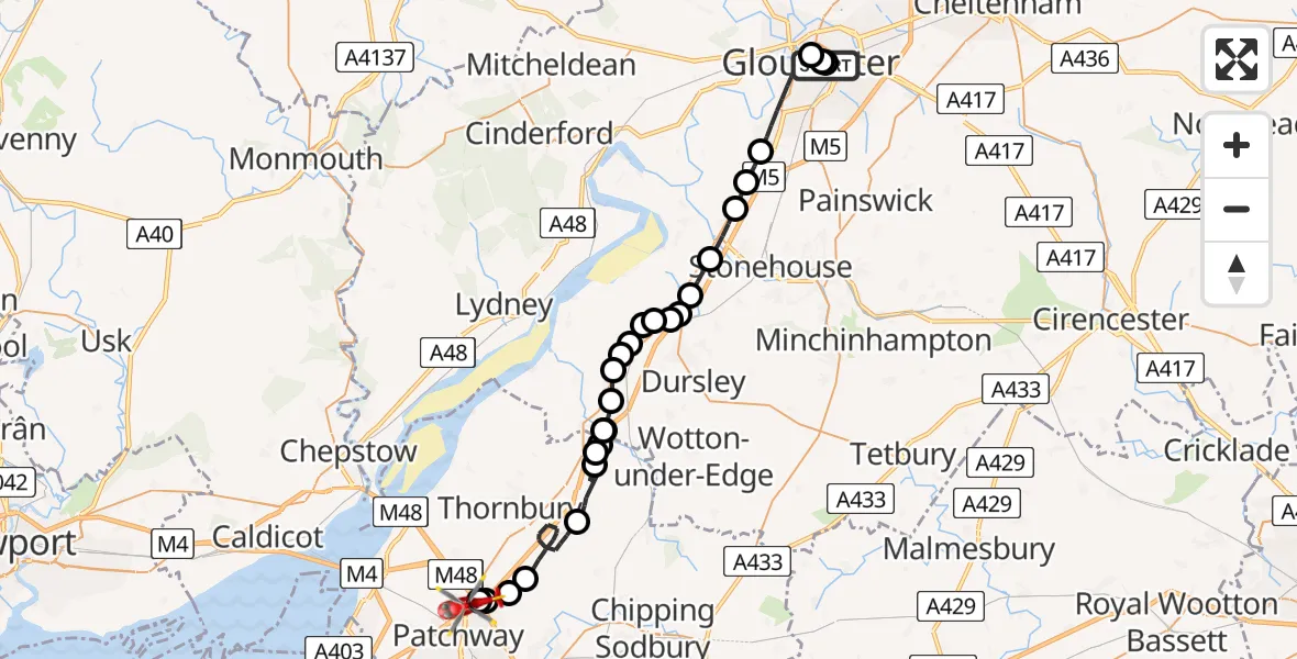 Flight path map showing Air Ambulance Helicopter route from Gloucester Royal Hospital to Almondsbury Helicopter Base