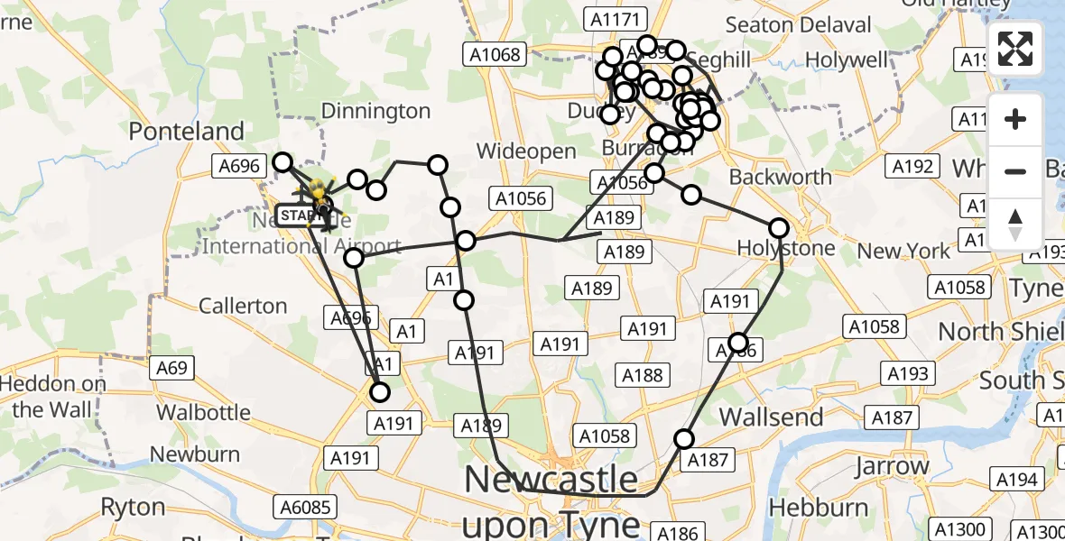 Flight path map showing Police Helicopter route from Newcastle International Airport to Newcastle International Airport