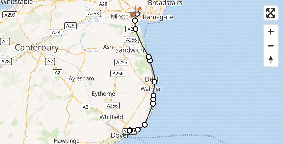 Flight path map showing Coastguard Helicopter route from Langdon Battery Heliport to Manston Airport