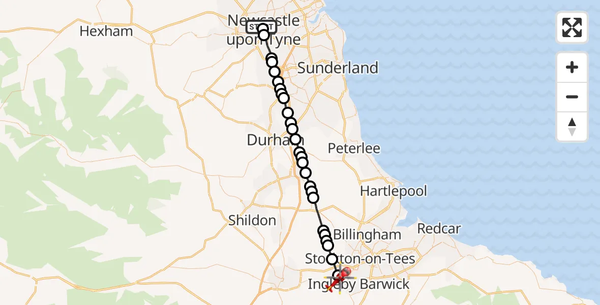 Flight path map showing Air Ambulance Helicopter route from Newcastle Royal Victoria Infirmary to Egglescliffe