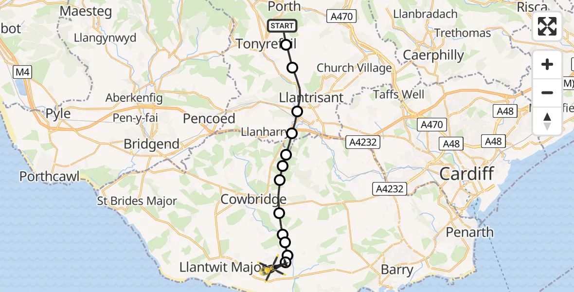 Flight path map showing Police Helicopter route from Trebanog to MOD St Athan