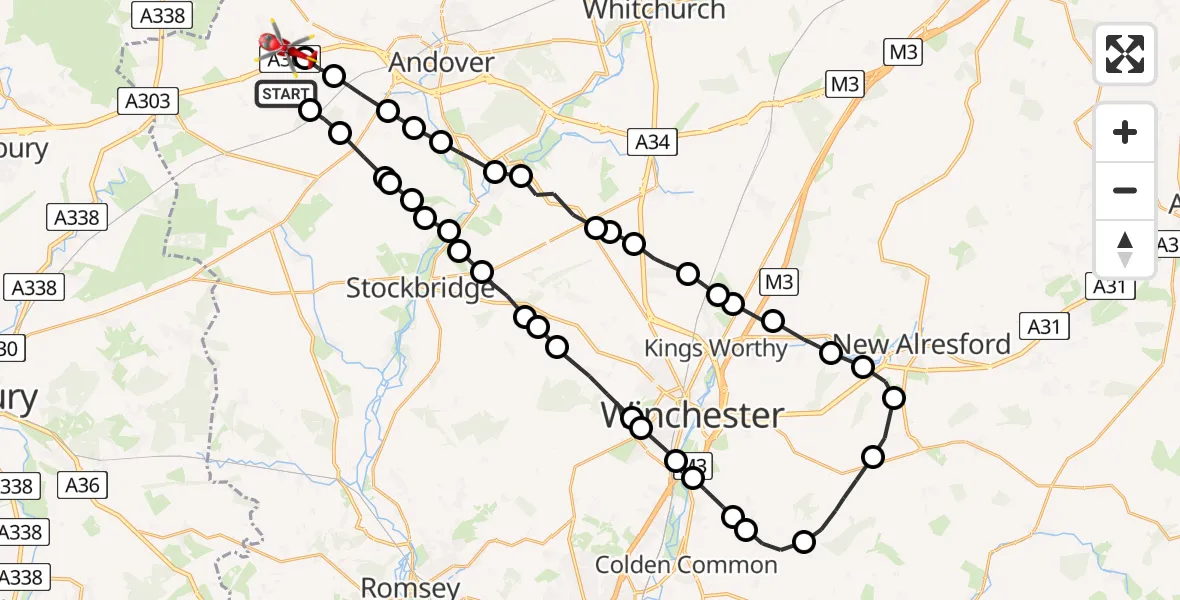 Flight path map showing Air Ambulance Helicopter route from Amport to Thruxton