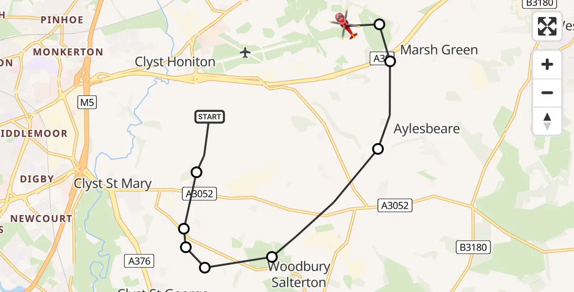 Flight path map showing Air Ambulance Helicopter route from Clyst Honiton to Rockbeare