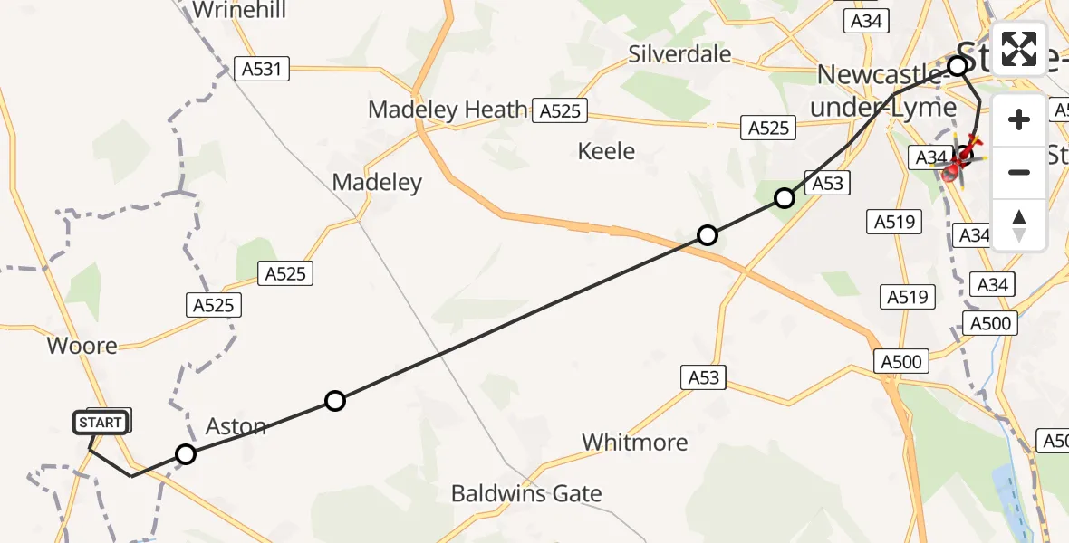 Routekaart van de vlucht: Air Ambulance Helicopter to University Hospital North Staffs