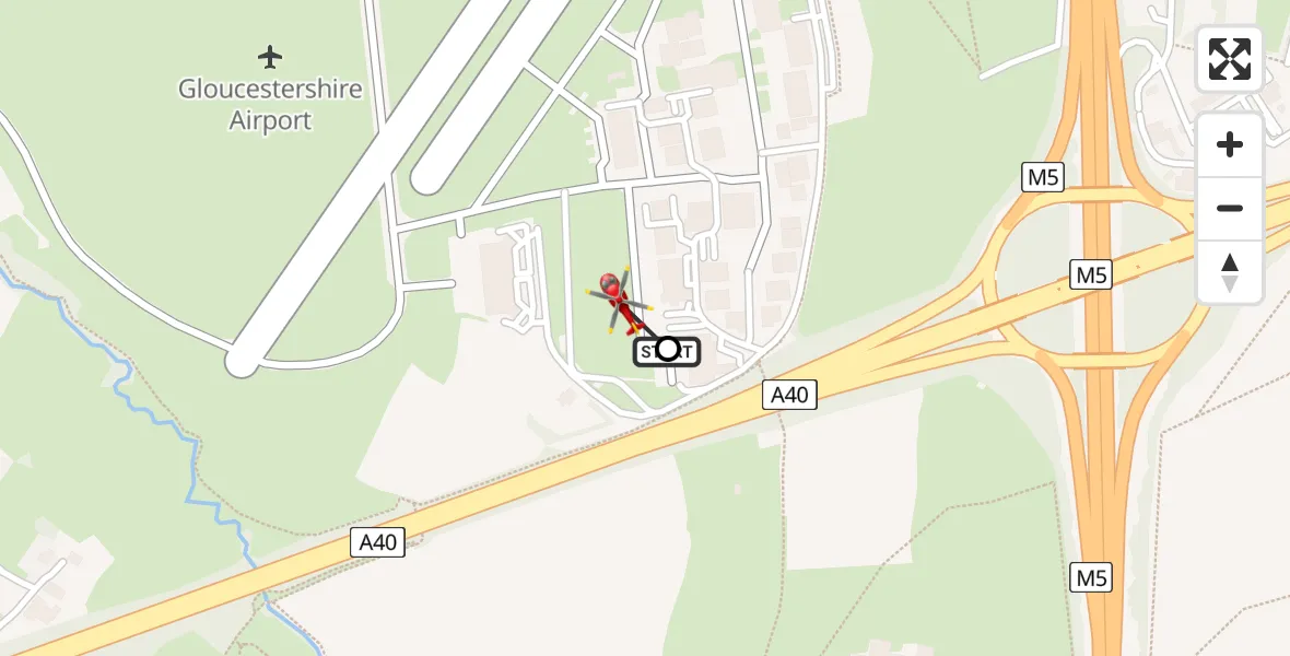 Flight path map showing Air Ambulance Helicopter route from Gloucestershire Airport to Gloucestershire Airport