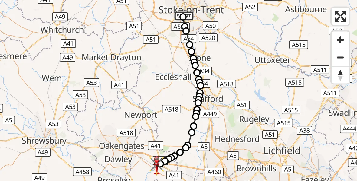 Flight path map showing Air Ambulance Helicopter route from University Hospital North Staffs to Cosford