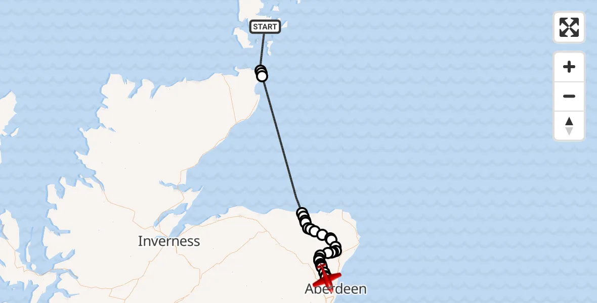 Flight path map showing Air Ambulance Aircraft route from North Atlantic Ocean to Aberdeen City
