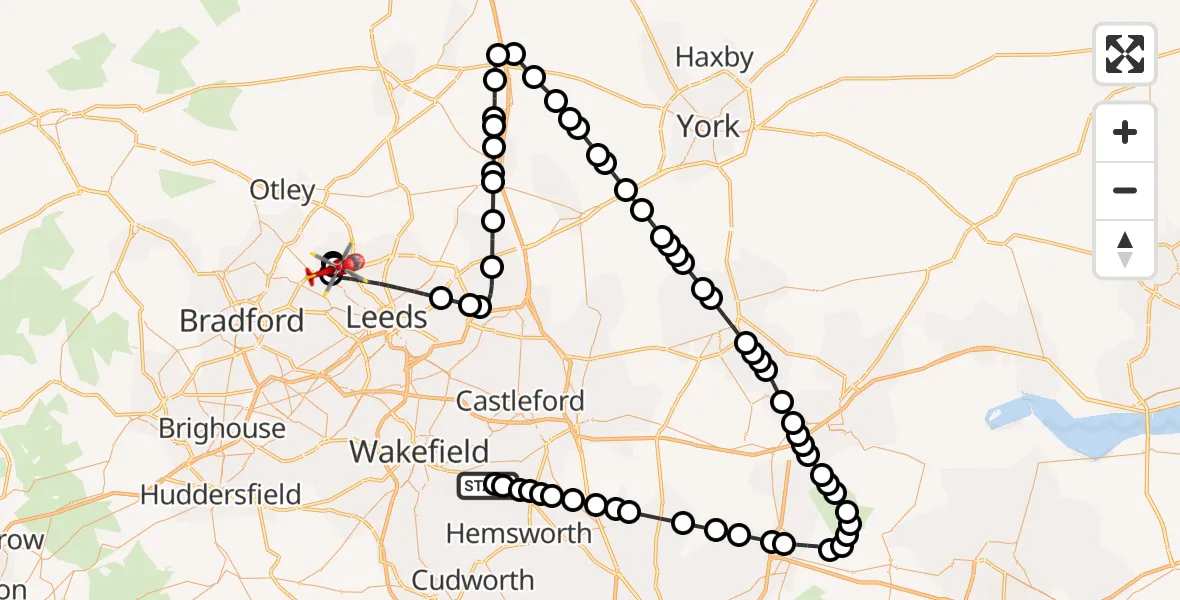 Flight path map showing Air Ambulance Helicopter route from YAA Nostell Helicopter Port to Horsforth
