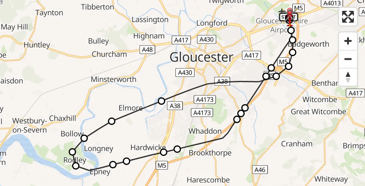 Flight path map showing Air Ambulance Helicopter route from Gloucestershire Airport to Churchdown