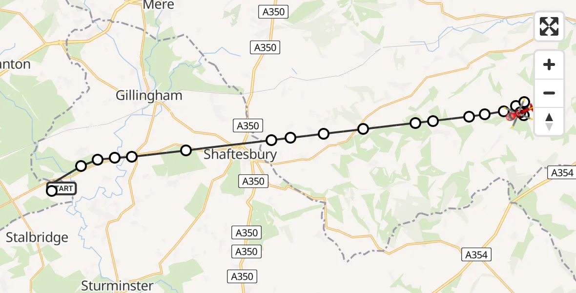 Flight path map showing Air Ambulance Helicopter route from Henstridge Airfield to Chalk Pyt Farm Airstrip