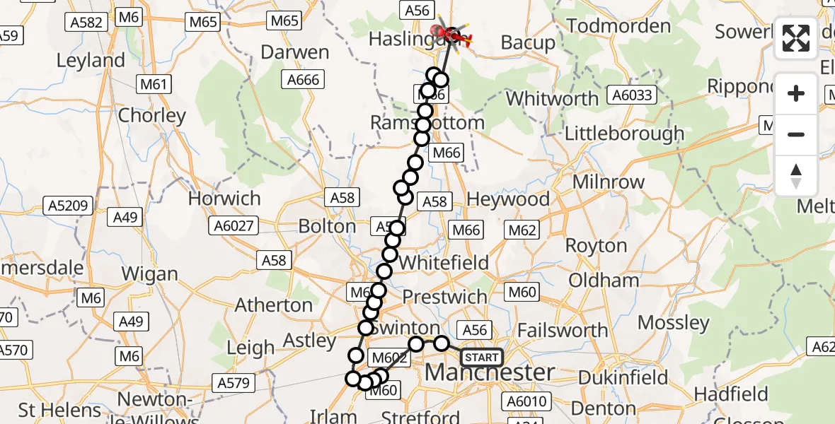 Flight path map showing Air Ambulance Helicopter route from Salford to Rawtenstall