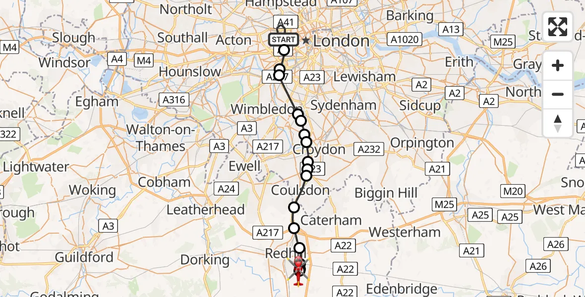 Flight path map showing Air Ambulance Helicopter route from City of Westminster to Redhill Aerodrome