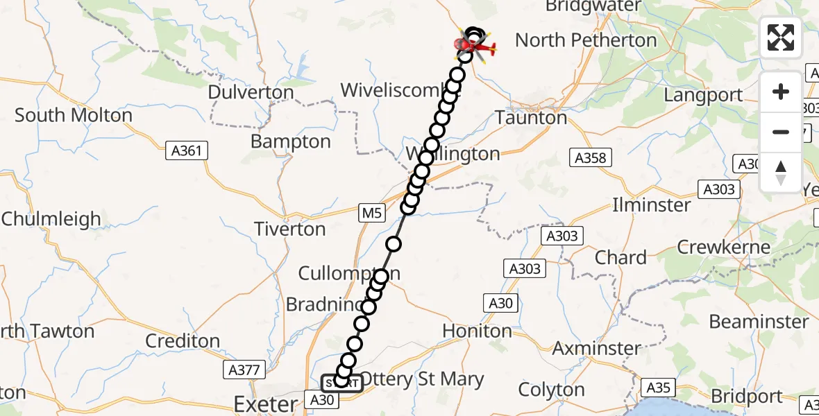 Flight path map showing Air Ambulance Helicopter route from Cranbrook to West Bagborough