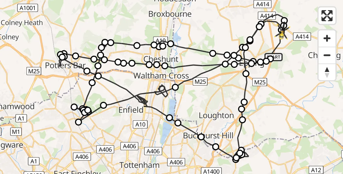 Flight path map showing Police Helicopter route from Coopersale to North Weald Bassett