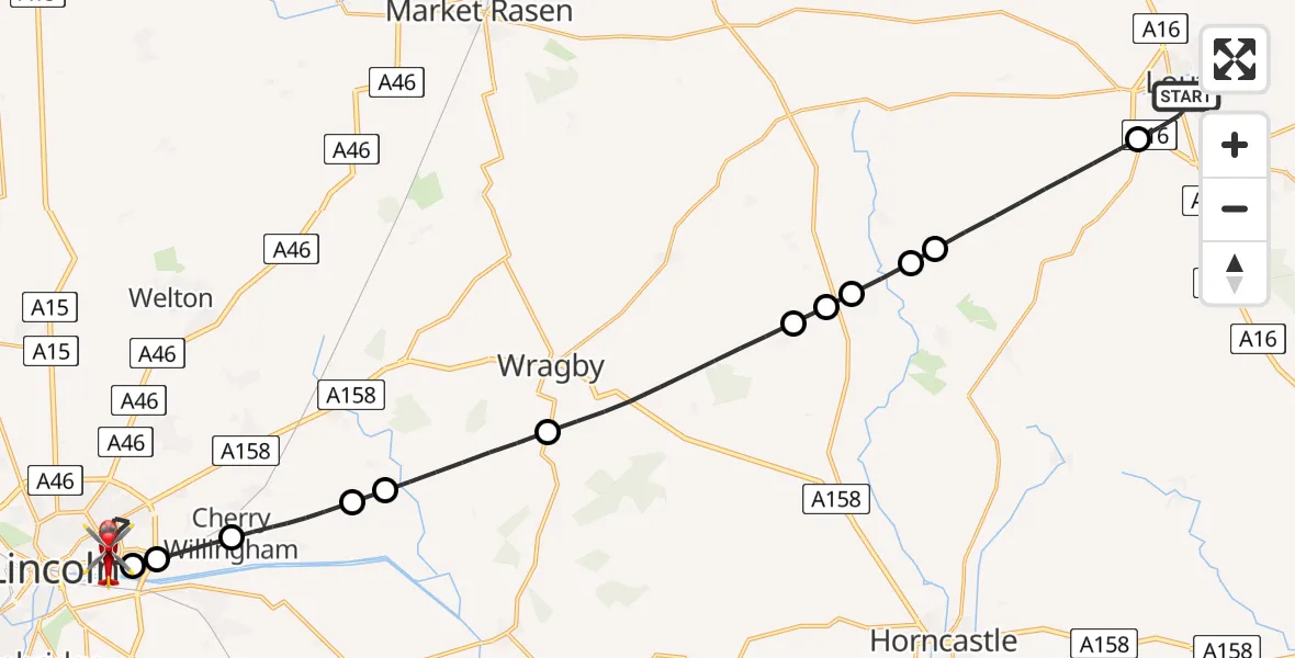 Flight path map showing Air Ambulance Helicopter route from Louth to Lincoln