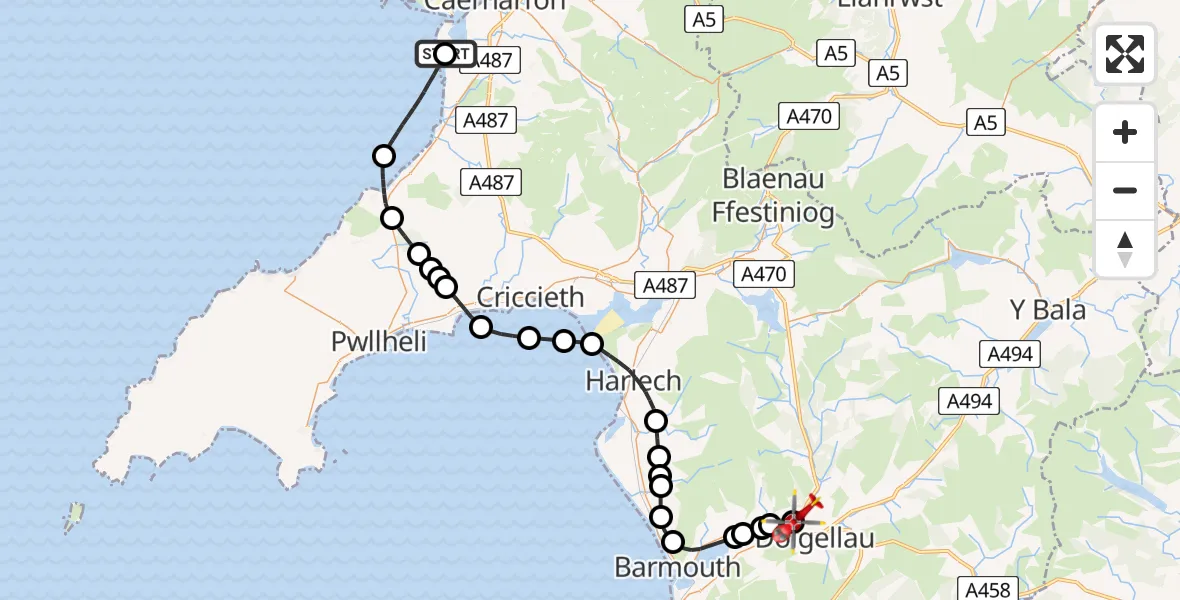 Flight path map showing Air Ambulance Helicopter route from Caernarfon Airport to Llanelltyd