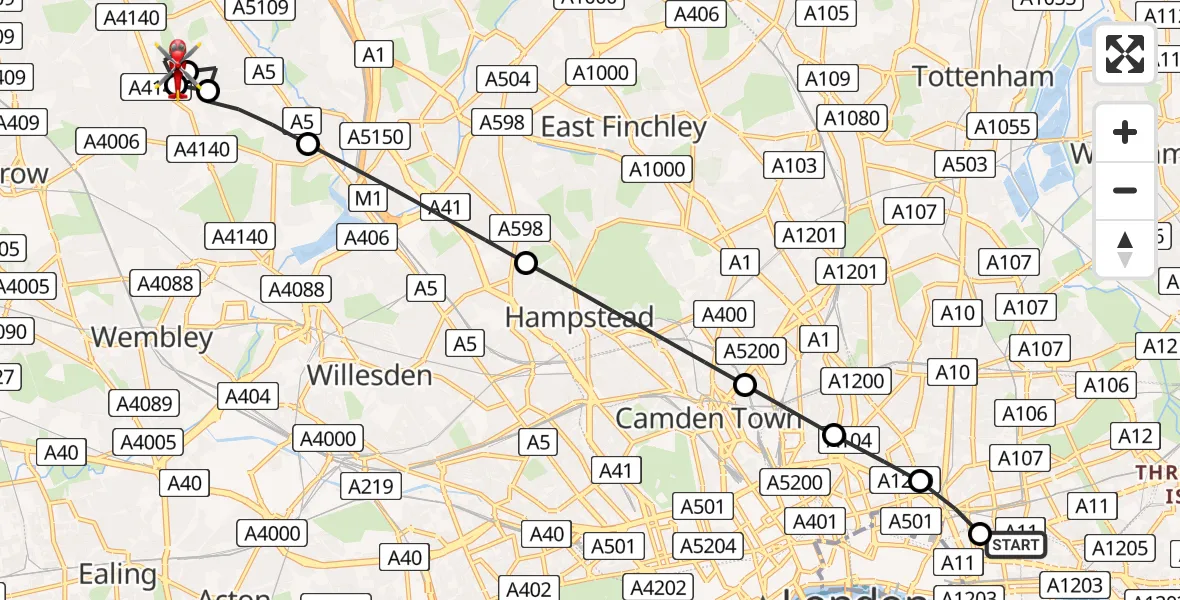 Flight path map showing Air Ambulance Helicopter route from Royal London Hospital to London Borough of Harrow