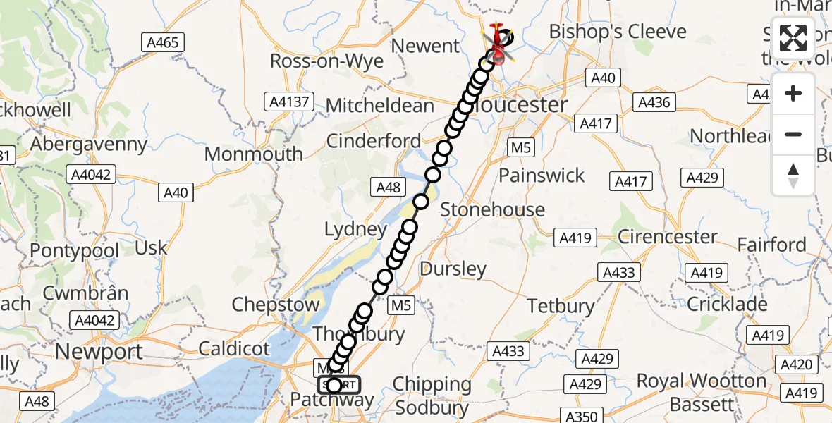 Flight path map showing Air Ambulance Helicopter route from Almondsbury Helicopter Base to Ashleworth