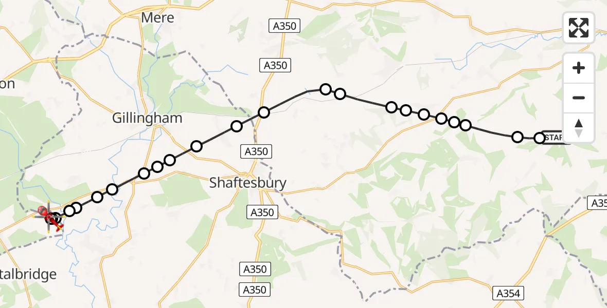 Flight path map showing Air Ambulance Helicopter route from Chalk Pyt Farm Airstrip to Henstridge Airfield