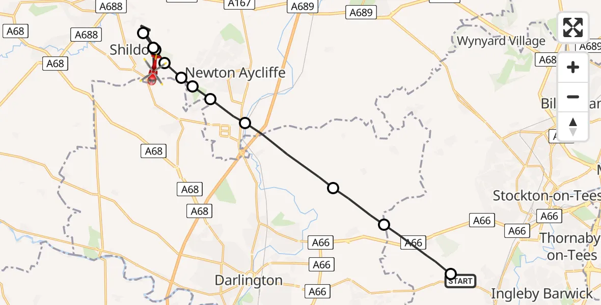 Flight path map showing Air Ambulance Helicopter route from Egglescliffe to Shildon