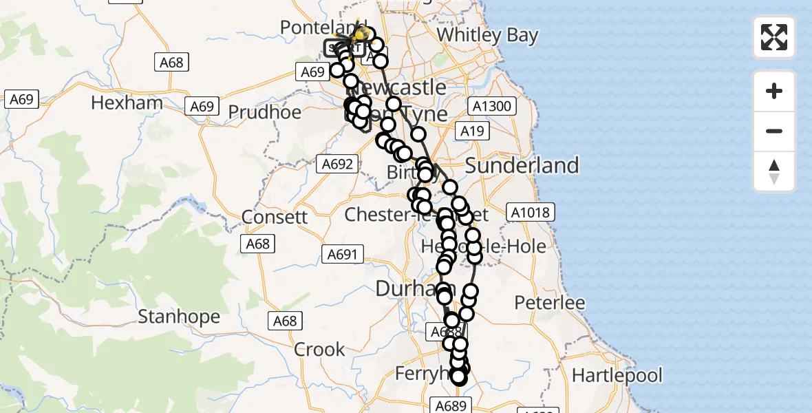 Flight path map showing Police Helicopter route from Newcastle International Airport to Newcastle International Airport