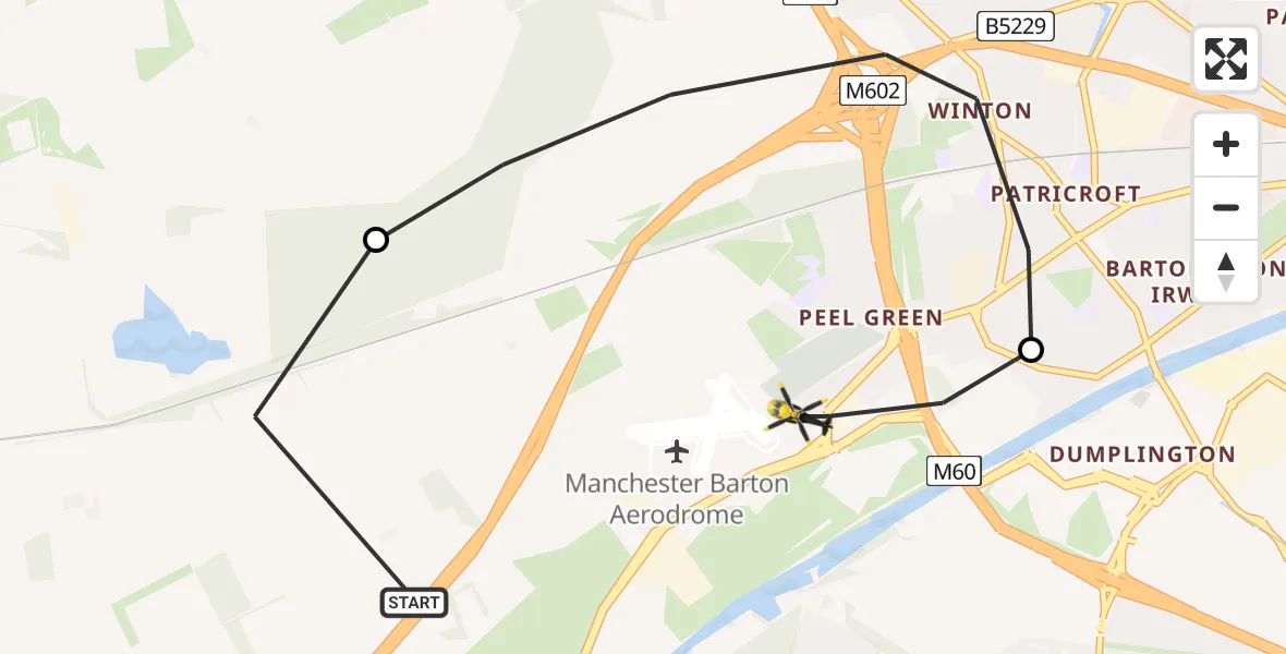 Flight path map showing Police Helicopter route from Irlam to Irlam