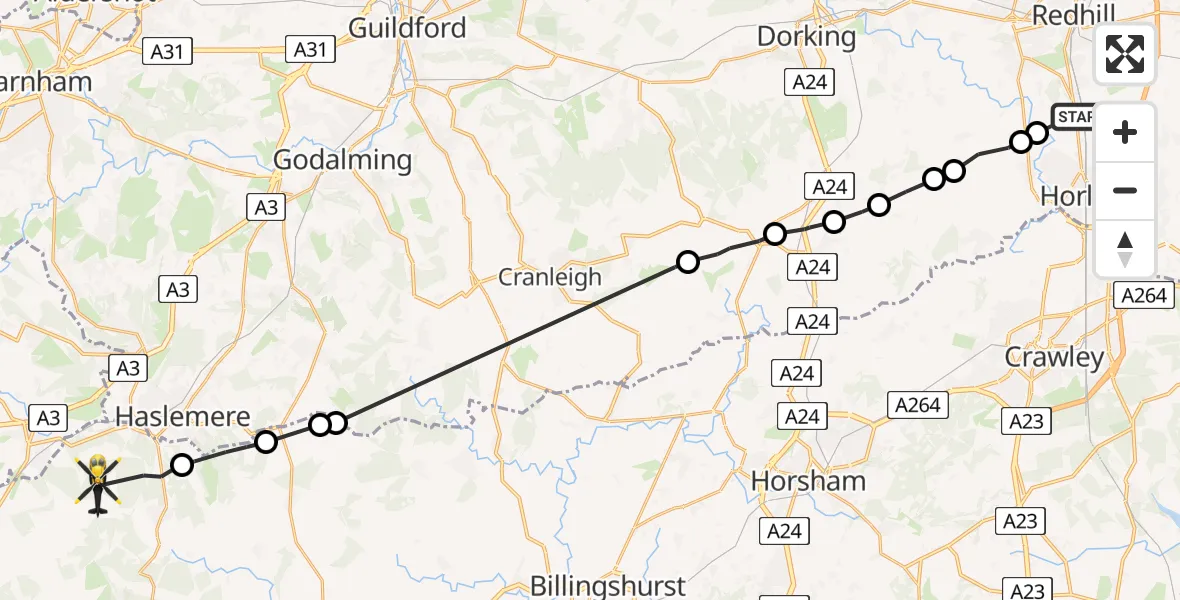 Flight path map showing Police Helicopter route from Salfords to Lynchmere