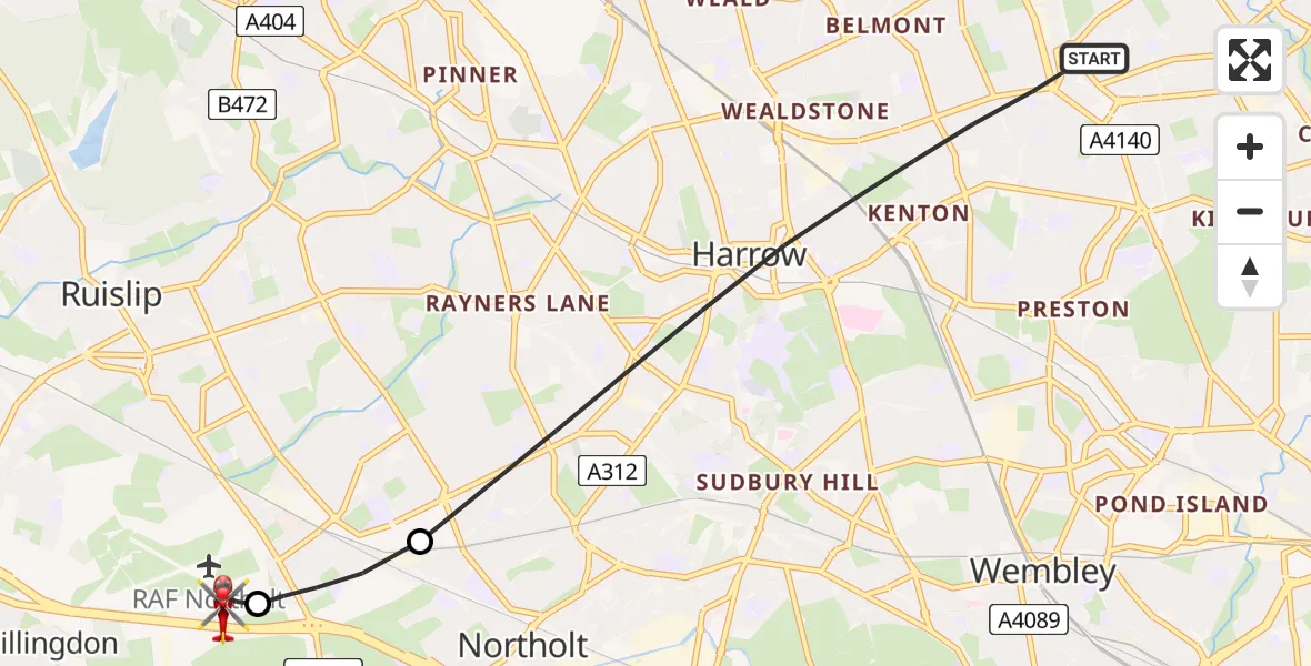 Flight path map showing Air Ambulance Helicopter route from London Borough of Harrow to RAF Northolt