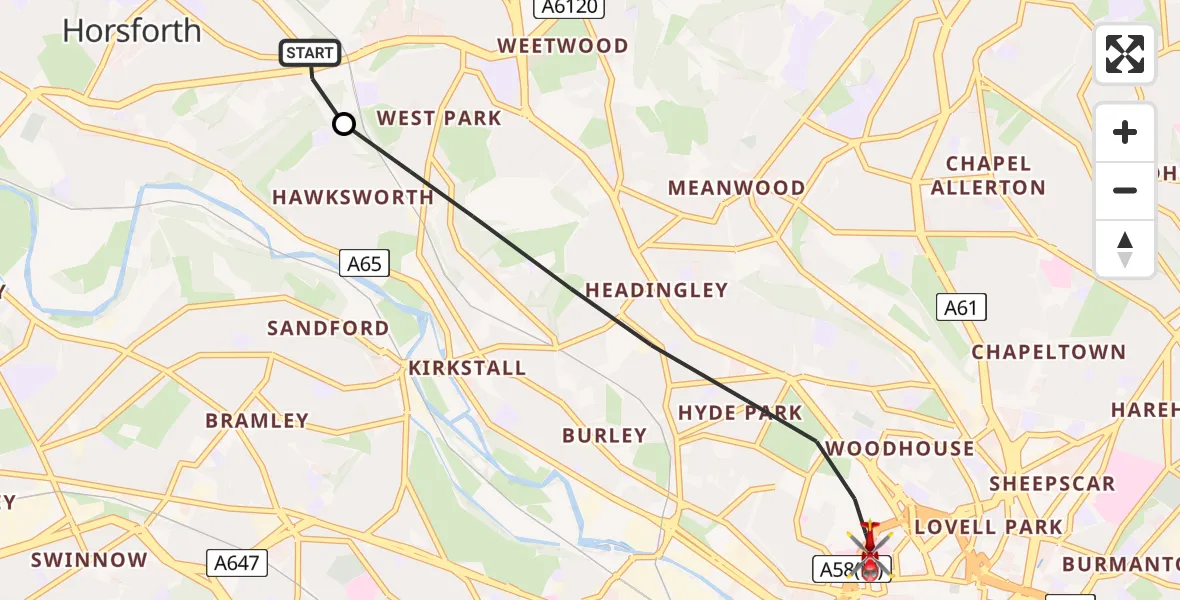 Routekaart van de vlucht: Air Ambulance Helicopter to Leeds, Willow Terrace Road