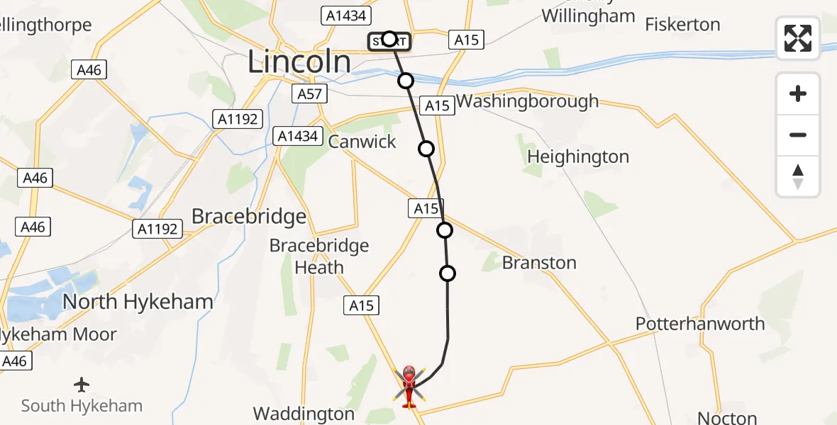 Routekaart van de vlucht: Air Ambulance Helicopter to North Kesteven, Sleaford Road