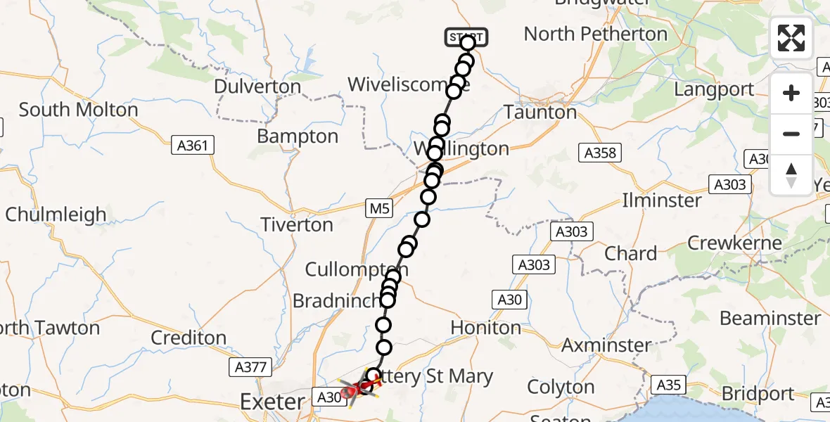 Routekaart van de vlucht: Air Ambulance Helicopter to Rockbeare, Silver Lane