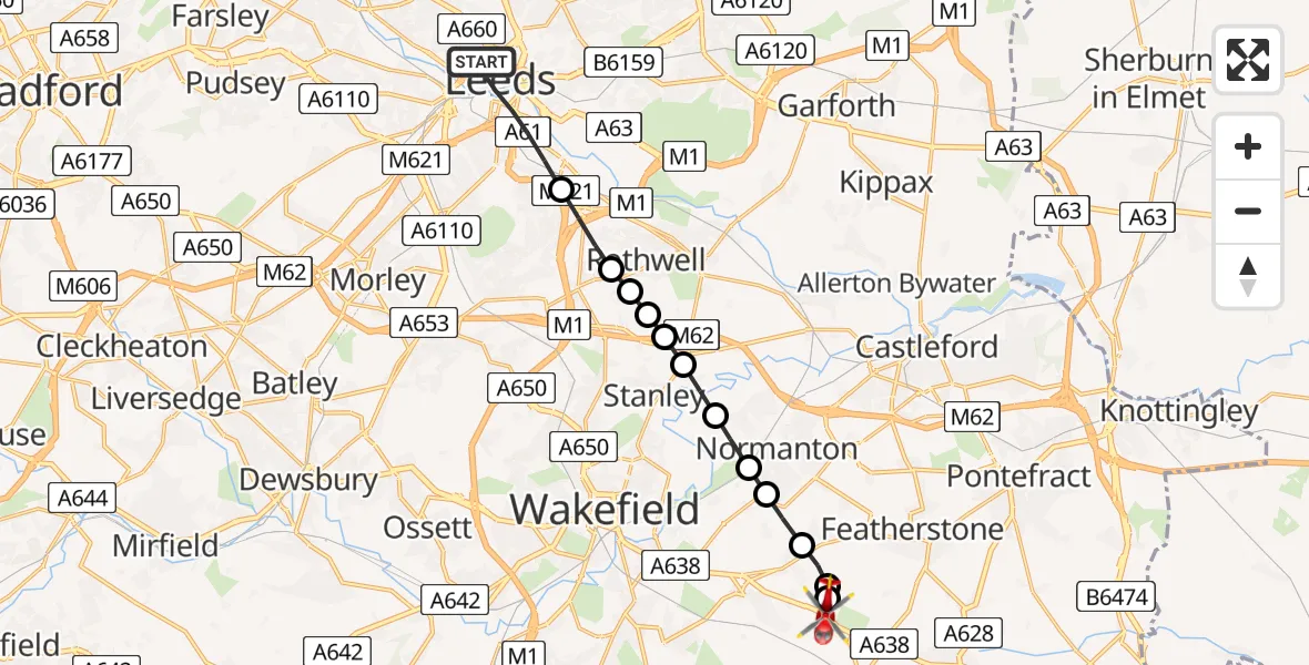 Flight path map showing Air Ambulance Helicopter route from Leeds to YAA Nostell Helicopter Port