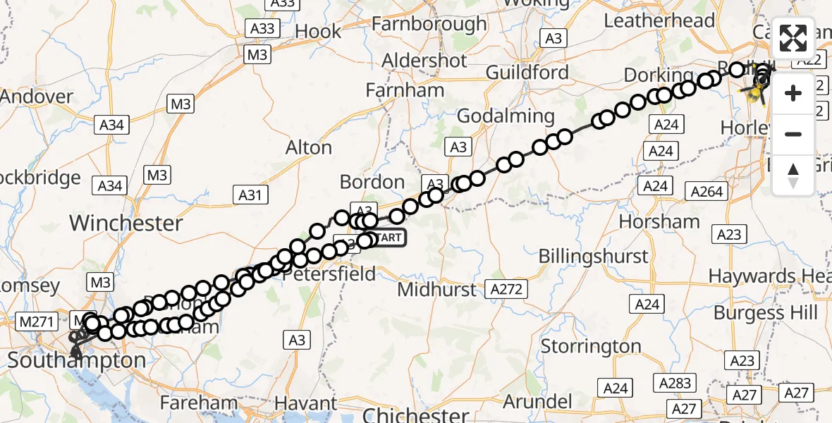 Flight path map showing Police Helicopter route from Rake to South Nutfield