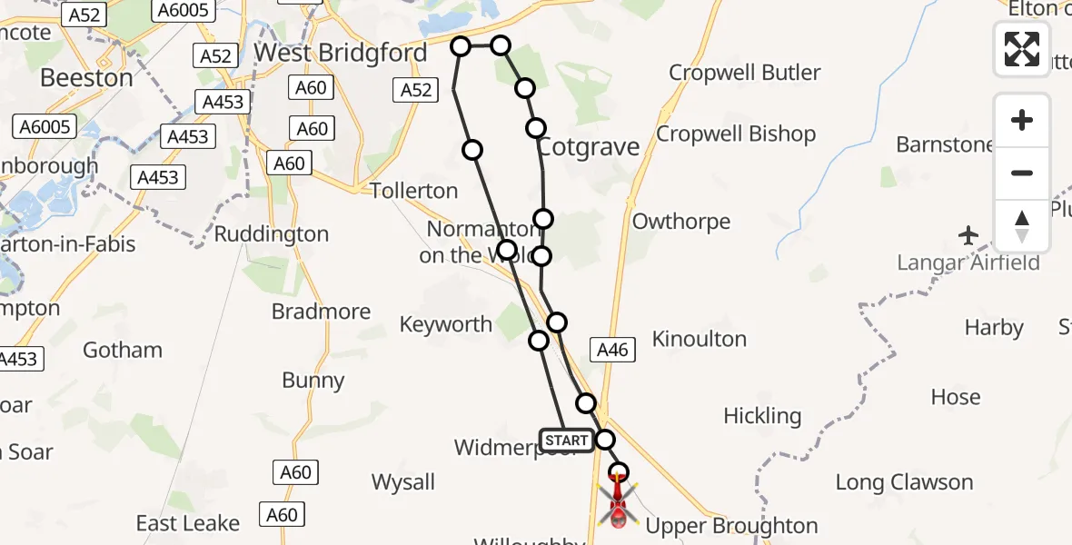 Flight path map showing Air Ambulance Helicopter route from Widmerpool to Rushcliffe
