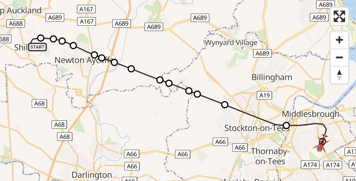 Flight path map showing Air Ambulance Helicopter route from Shildon to James Cook University Hospital