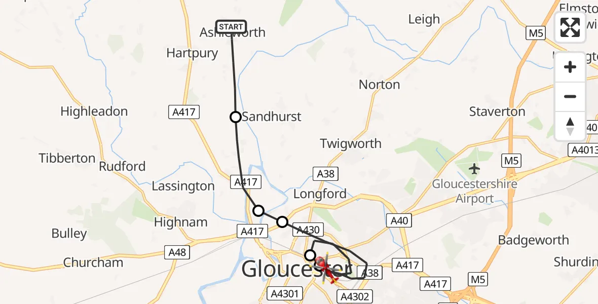 Flight path map showing Air Ambulance Helicopter route from Ashleworth to Gloucester