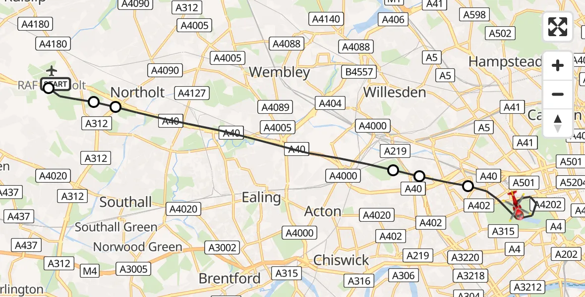 Flight path map showing Air Ambulance Helicopter route from RAF Northolt to City of Westminster
