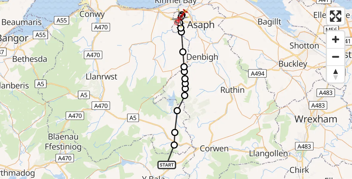 Flight path map showing Air Ambulance Helicopter route from Sarnau to Rhyl