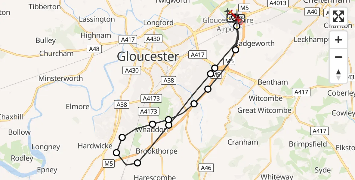 Flight path map showing Air Ambulance Helicopter route from Gloucestershire Airport to Churchdown