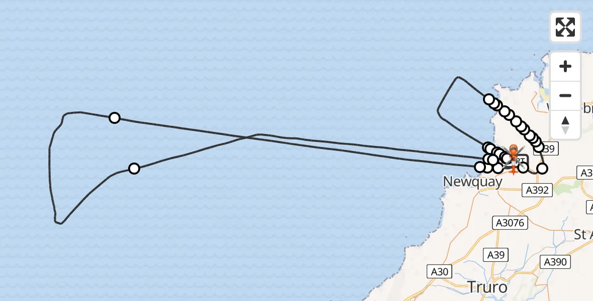 Flight path map showing Coastguard Helicopter route from Cornwall Airport Newquay to Cornwall Airport Newquay