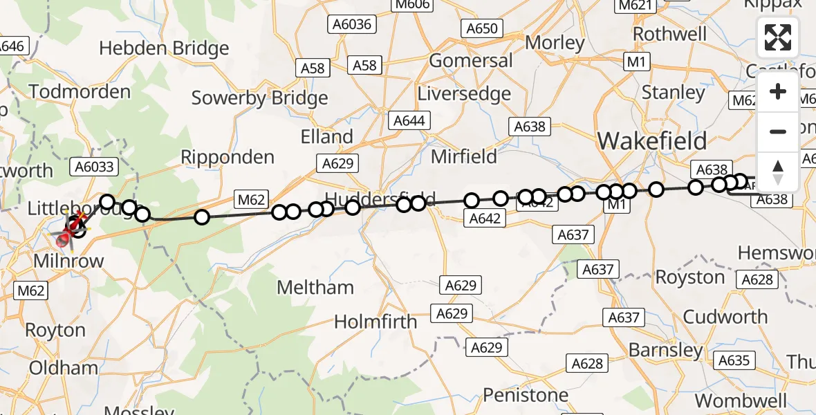Flight path map showing Air Ambulance Helicopter route from YAA Nostell Helicopter Port to Smithy Bridge