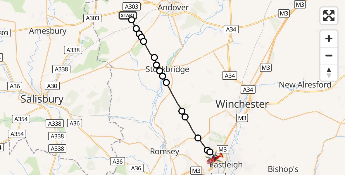 Flight path map showing Air Ambulance Helicopter route from Thruxton to Chandler's Ford