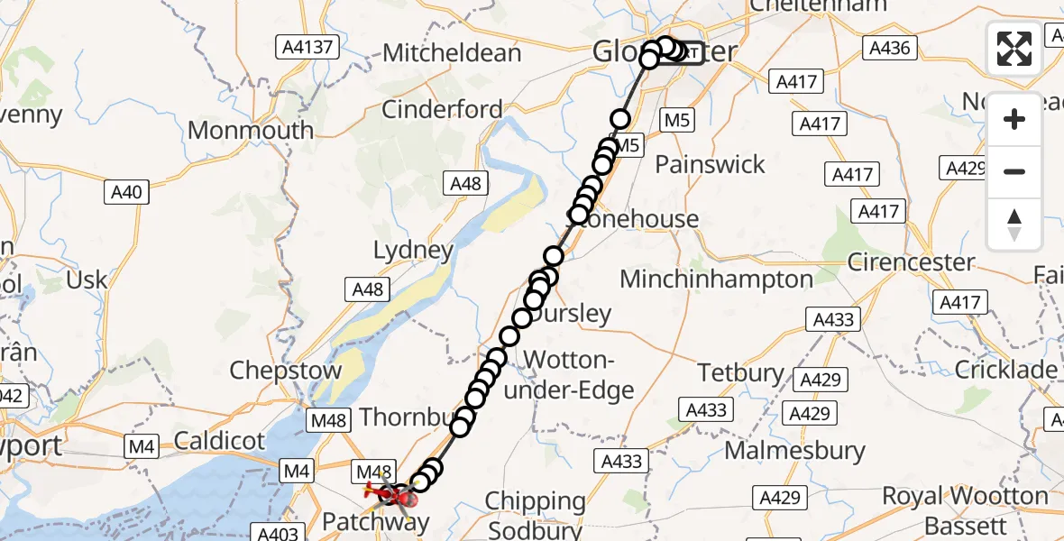 Flight path map showing Air Ambulance Helicopter route from Gloucester Royal Hospital to Almondsbury Helicopter Base