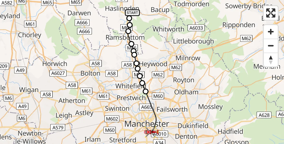 Flight path map showing Air Ambulance Helicopter route from Rawtenstall to Manchester