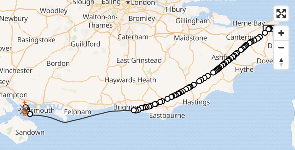 Flight path map showing Coastguard Helicopter route from Manston Airport to Solent Airport