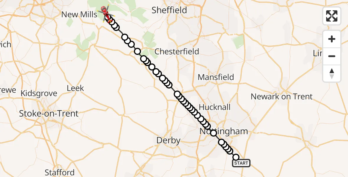 Flight path map showing Air Ambulance Helicopter route from Widmerpool to Upper Booth