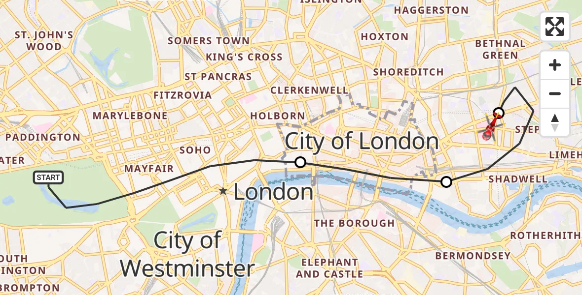 Flight path map showing Air Ambulance Helicopter route from City of Westminster to Royal London Hospital