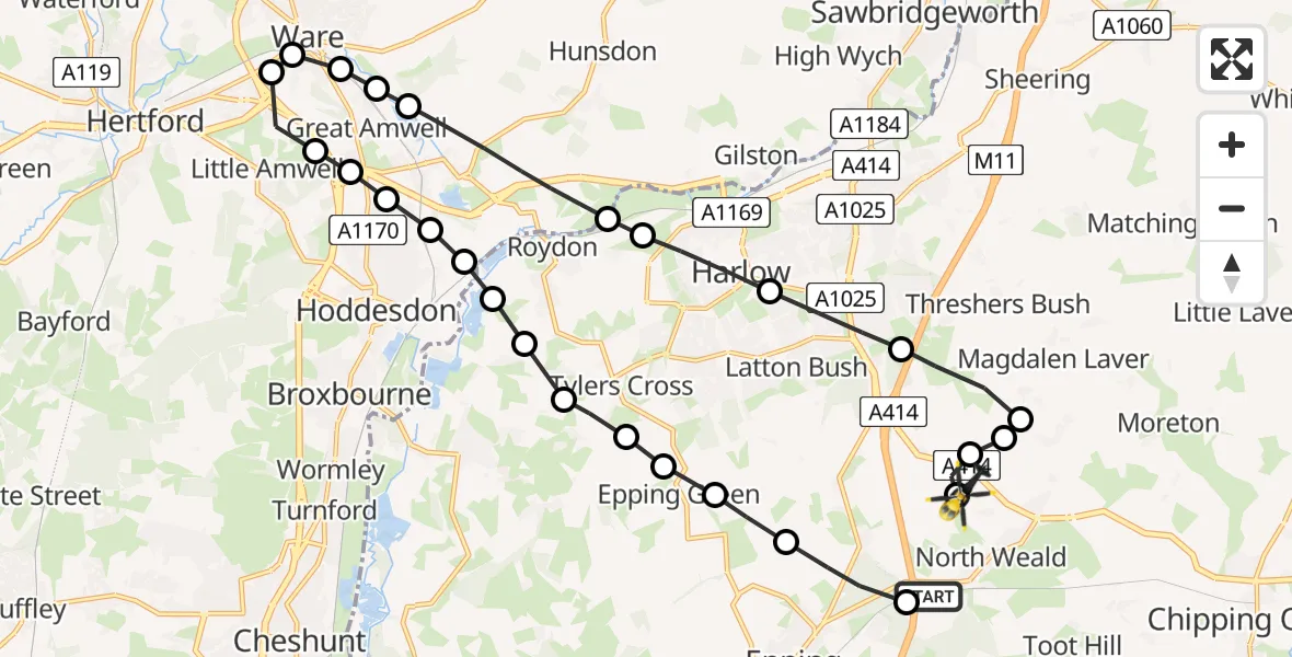 Flight path map showing Police Helicopter route from North Weald Airfield to North Weald Bassett