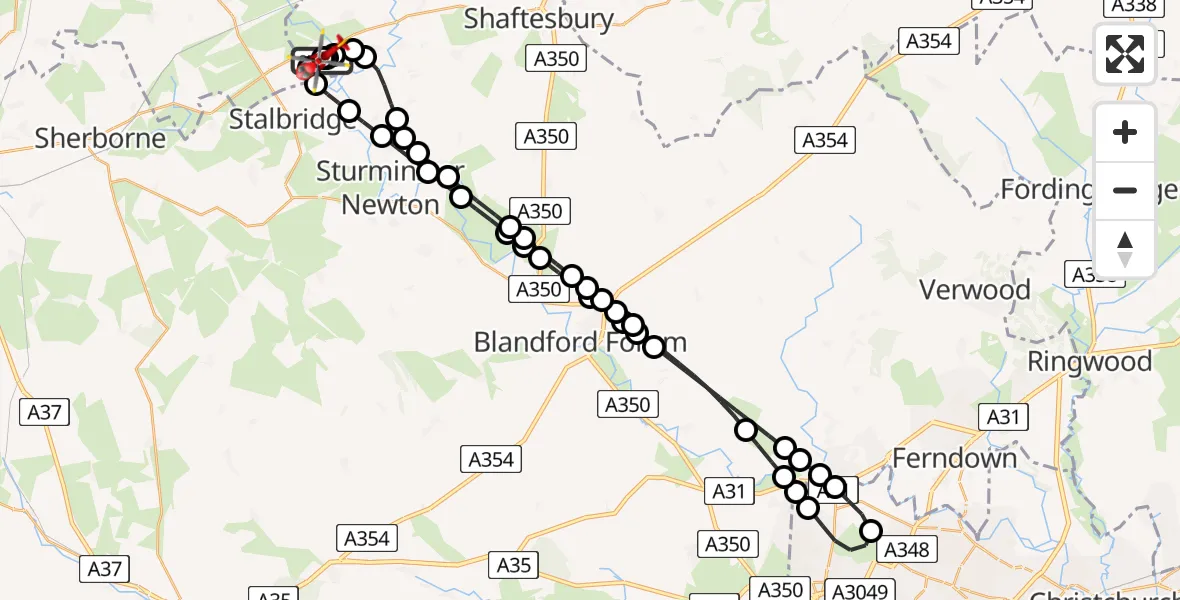 Flight path map showing Air Ambulance Helicopter route from Henstridge Airfield to Henstridge Airfield
